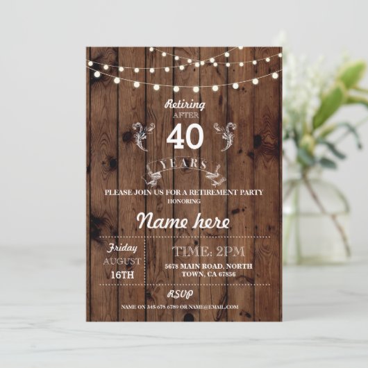 Ruhestands-Party-lädt rustikaler pensionierter Einladung (Stehend Vorderseite)