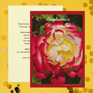 Ruhestandsfeier Rot und Gold Rose Blumen Makro Einladung