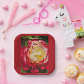 Ruhestandsfeier Rot und Gold Rose Blumen Makro Pappteller (Party)