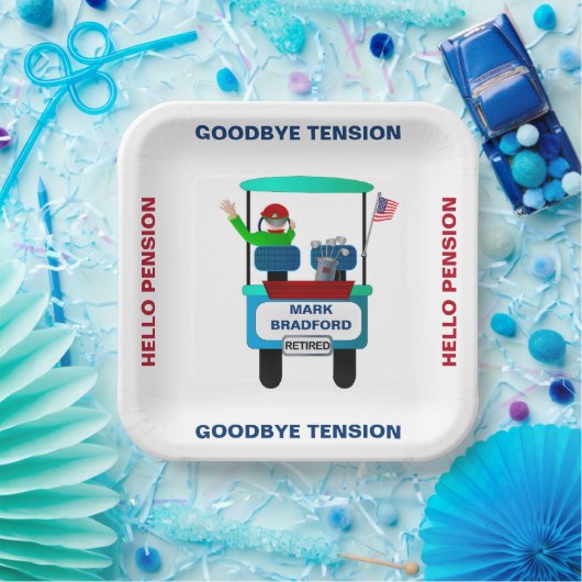 Ruhestandsgolfer in Kart Waving Auf Wiedersehen Sp Pappteller (Party)