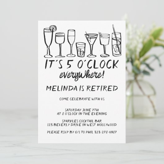 RUHESTANDSPARTY 17 UHR ÜBERALL Cocktail Drinks Einladung (Stehend Vorderseite)
