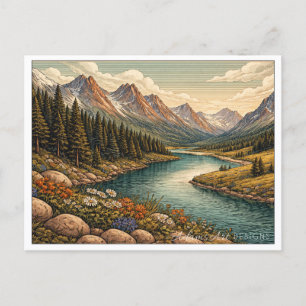 Ruhige Alpenfluss-Tal-Landschaft im Vintage-Stil Feiertagspostkarte