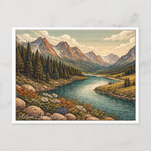 Ruhige Alpenfluss-Tal-Landschaft im Vintage-Stil Feiertagspostkarte