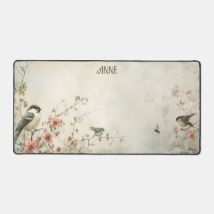 Ruhige Aquarell-Vögel und Frühlingsblumen Schreibtischunterlage