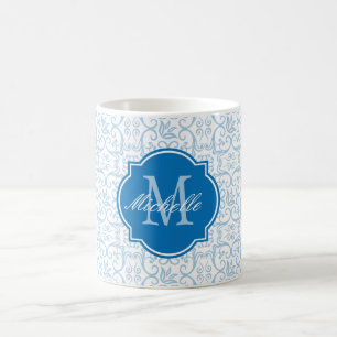Ruhige Blaue Damast-Monogramm-Tasse Kaffeetasse