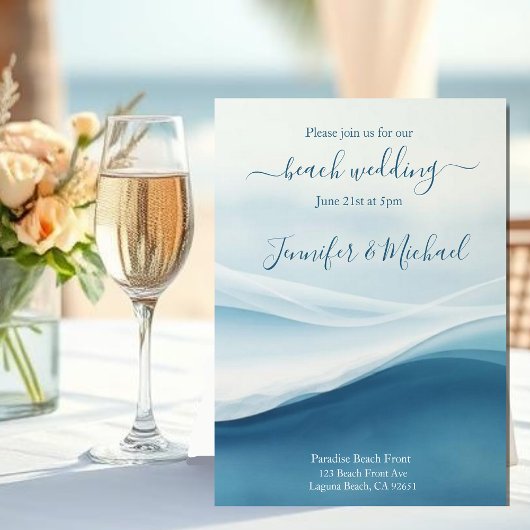 Ruhige blaue Strandhochzeit Einladung