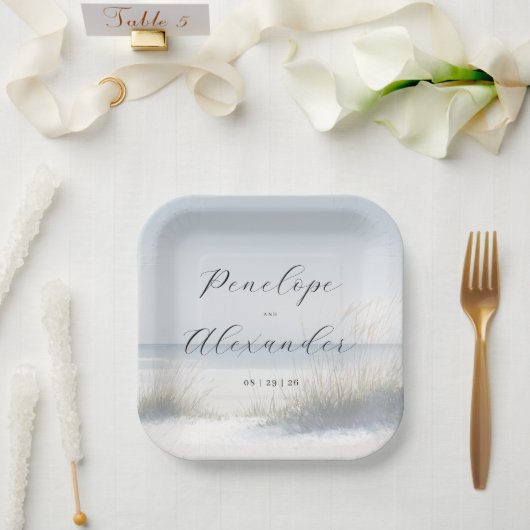 Ruhige blaue Strandszene Pappteller (Hochzeit)