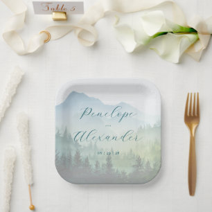 Ruhige Blaugrüne Wasserfarben Berge Pappteller