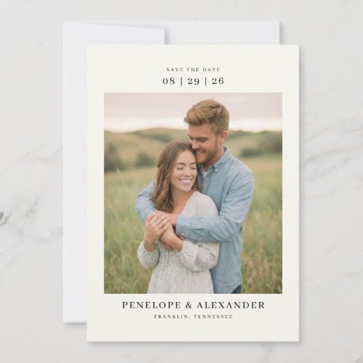 Ruhige Cremefarbene Rustikale Fotografie Save The Date (Vorderseite)