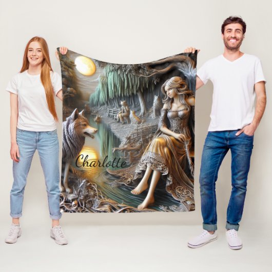 Ruhige Flussnacht mit einem Indianer und Wolf Fleecedecke (Beispiel)