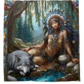 Ruhige Flussszene mit Ureinwohner und Wolf Duschvorhang (Vorderseite)