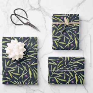 Ruhige grüne blättrige Ranken mit rosa Blüten Geschenkpapier Set