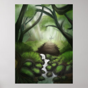 Ruhige Haven: Waldsee mit Fernem Hirsche Silh Poster