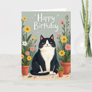 Ruhige Katzen-Geburtstagskarte mit Blumenmotiv Karte