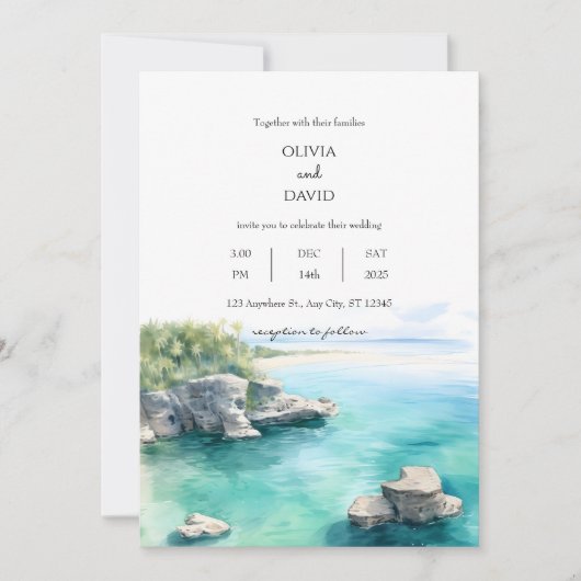 Ruhige Küstenküste Aquamarine Lagune Hochzeit Einladung (Vorderseite)