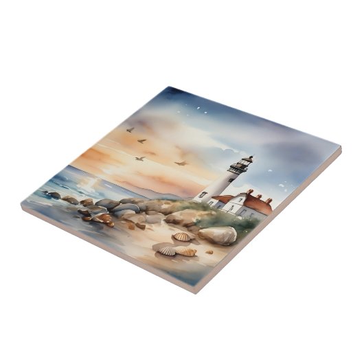 Ruhige Küstenlandschaft Wasserfarbenes Leuchtturm Fliese (Seite)