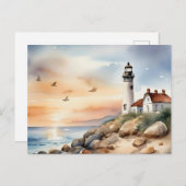 Ruhige Küstenlandschaft Wasserfarbenes Leuchtturm Postkarte (Vorne/Hinten)