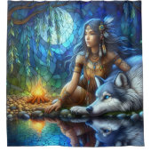 Ruhige Nacht am Fluss mit Ureinwohner und Wolf Duschvorhang (Vorderseite)