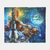 Ruhige Nacht am Fluss mit Ureinwohner und Wolf Fleecedecke (Vorderseite (Horizontal))