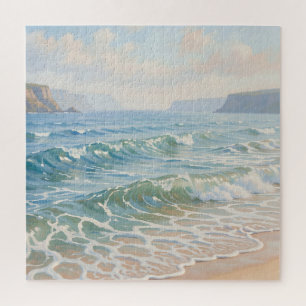 Ruhige Ozeanwellen stürzen auf den sandigen Strand Puzzle