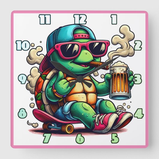 Ruhige Schildkröte mit einem Party im Hinterhof Quadratische Wanduhr (Vorderseite)
