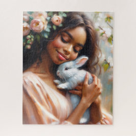 Ruhige schwarze Frau mit Kaninchen-Blumen-Kunstpuz Puzzle