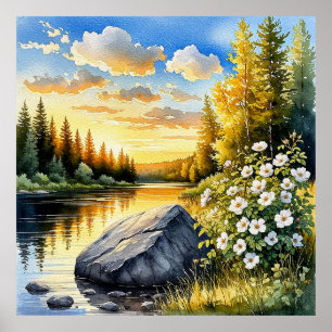 Ruhige Seelandschaft bei Sonnenuntergang Poster
