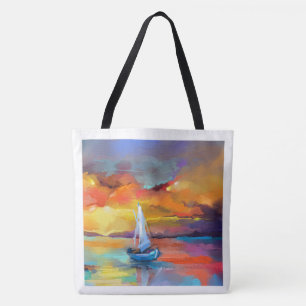 Ruhige Segelboot-Kunst bei Sonnenuntergang Tasche