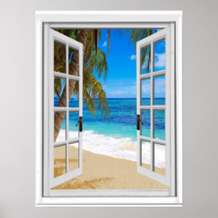 Ruhige Strand-Ozeanblick falsches Fenster Poster