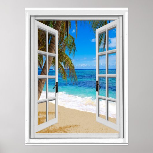 Ruhige Strand-Ozeanblick falsches Fenster Poster (Vorne)