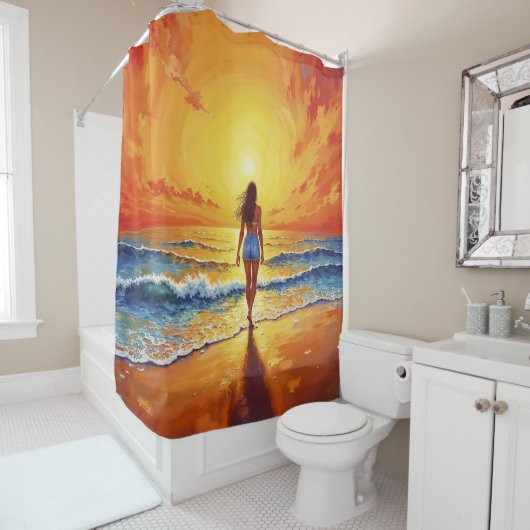 Ruhige Strandpromenade Sonnenuntergang Duschvorhang (Beispiel)