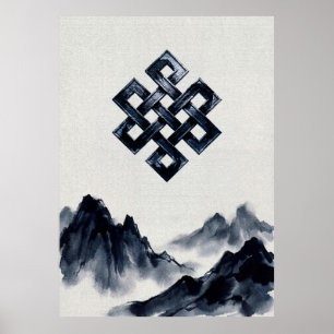 Ruhige traditionelle Tusche-Waschberge Endloser Kn Poster