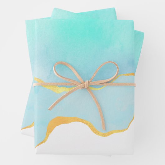 Ruhige tropische grüne Wasserfarben Goldgrenze Geschenkpapier Set (Beispiel)