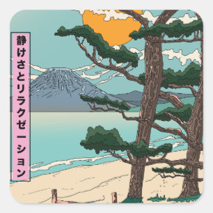 Ruhige und entspannte japanische Flusslandschaft. Quadratischer Aufkleber