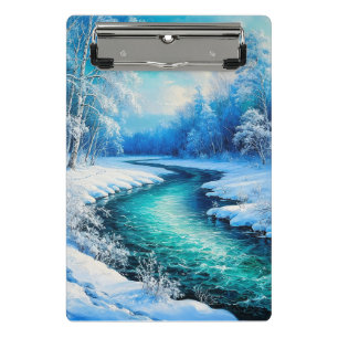 Ruhige Winterlandschaft mit einem gefrorenen Fluss Mini Klemmbrett