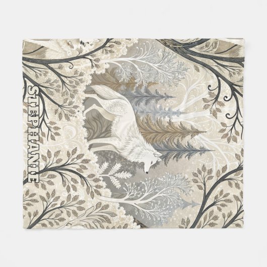 Ruhige Winterwaldlandschaft mit weißen Wölfen Fleecedecke (Vorderseite (Horizontal))