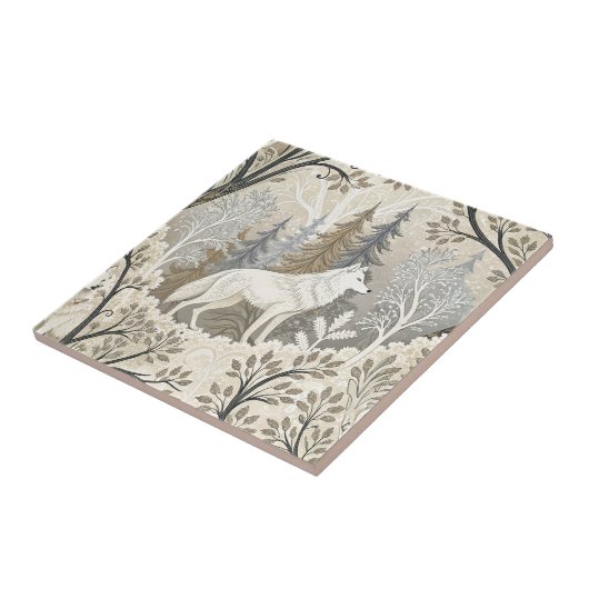 Ruhige Winterwaldlandschaft mit weißen Wölfen Fliese (Seite)