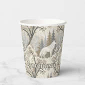 Ruhige Winterwaldlandschaft mit weißen Wölfen Pappbecher (Rückseite)