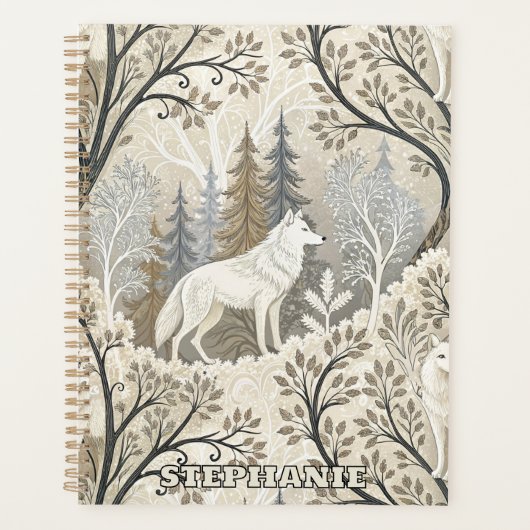 Ruhige Winterwaldlandschaft mit weißen Wölfen Planer (Vorderseite)