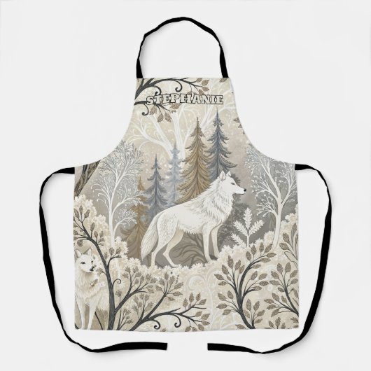 Ruhige Winterwaldlandschaft mit weißen Wölfen Schürze (Vorderseite)