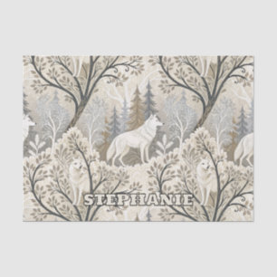 Ruhige Winterwaldlandschaft mit weißen Wölfen Seidenpapier