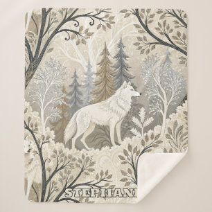 Ruhige Winterwaldlandschaft mit weißen Wölfen Sherpadecke