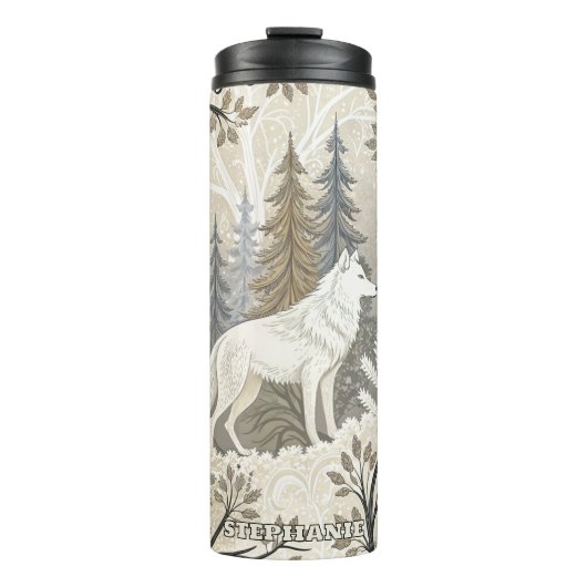 Ruhige Winterwaldlandschaft mit weißen Wölfen Thermosbecher (Vorderseite)