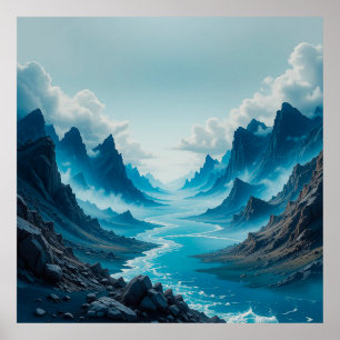 Ruhiger blauer Fluss, der zwischen dramatischen Be Poster