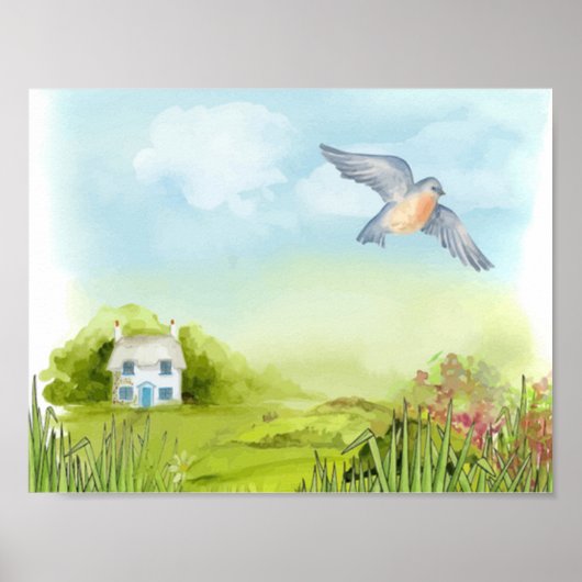 Ruhiger blauer Vogel und kleine Hauslandschaft Poster (Vorne)