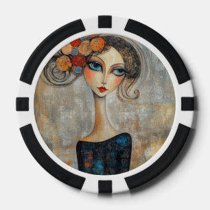 Ruhiger Blick einer eleganten blauen Dame Pokerchips