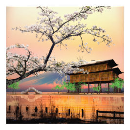 Ruhiger Blossom: Sonnenuntergang über einem japani Fotodruck