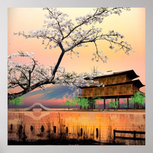 Ruhiger Blossom: Sonnenuntergang über einem japani Poster (Vorne)