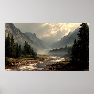 Ruhiger Fluss, der durch das Tal des Berghügels fl Poster