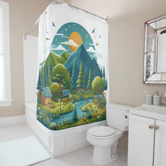 Ruhiger Fluss mit grünem Duschvorhang (Beispiel)